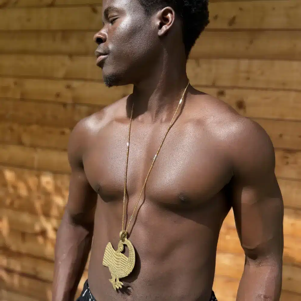 collier-sankofa-bronze-dore-akucreation-01 Collier Sankofa en bronze doré, symbole adinkra du retour aux sources, bijou africain fait main