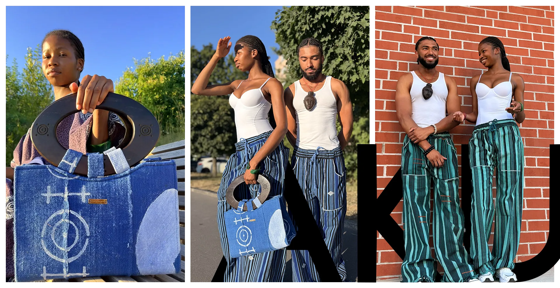 Mode africaine Aku : sac en jean bogolan et pantalons rayés portés par un homme et une femme