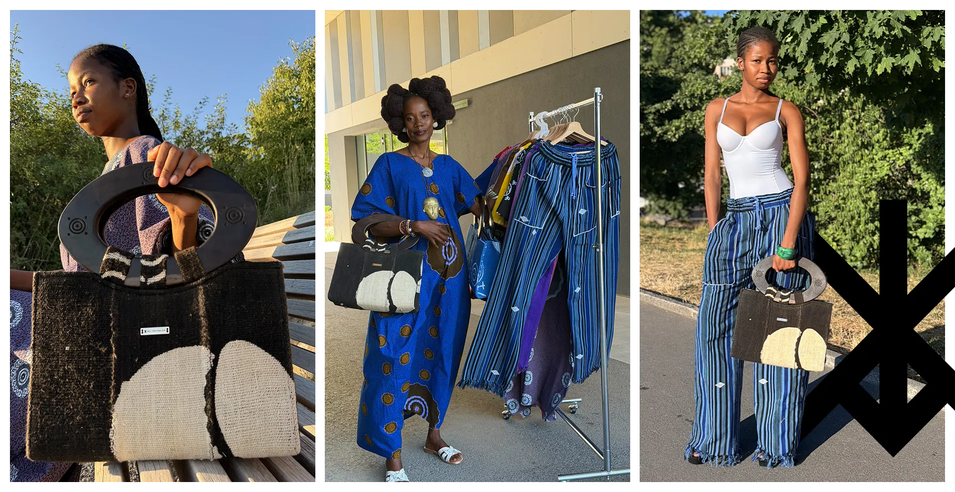 Vêtements et accessoires de mode africaine pour femme : sacs, boubou en wax et pantalons rayés