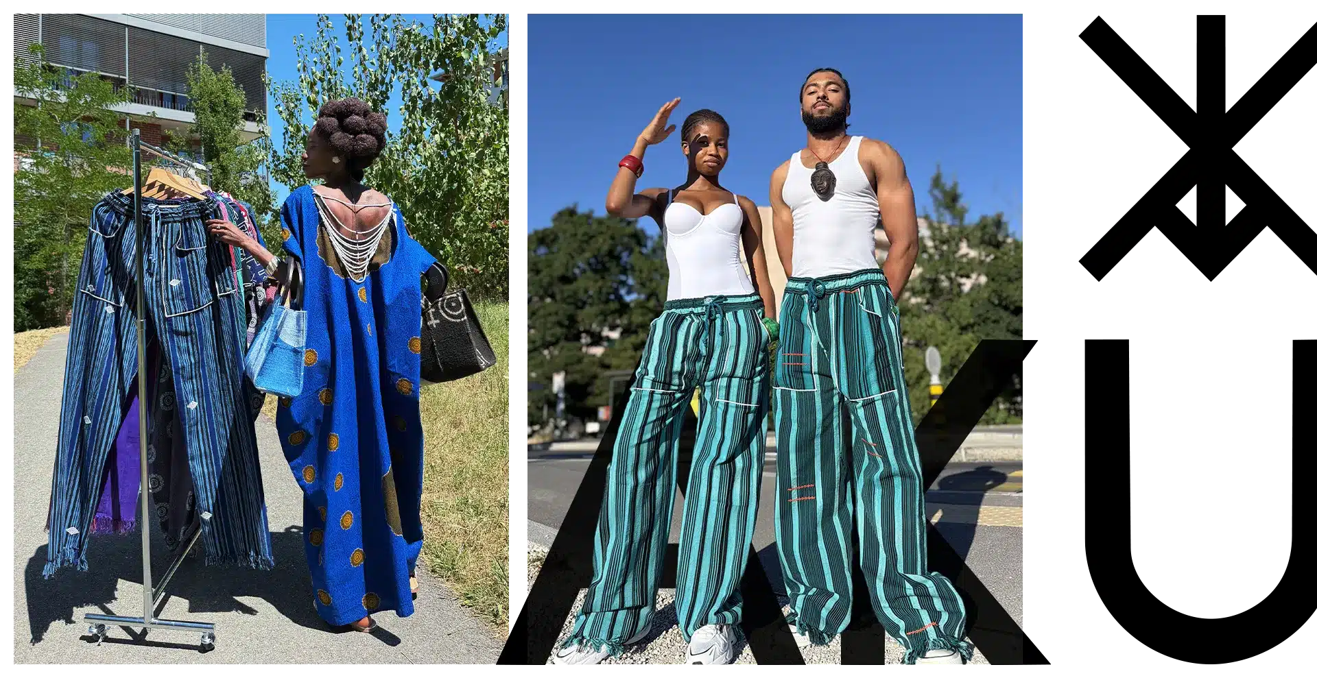 Tenues rayées de mode africaine Aku, pantalons unisexes verts et bleus portés en extérieur