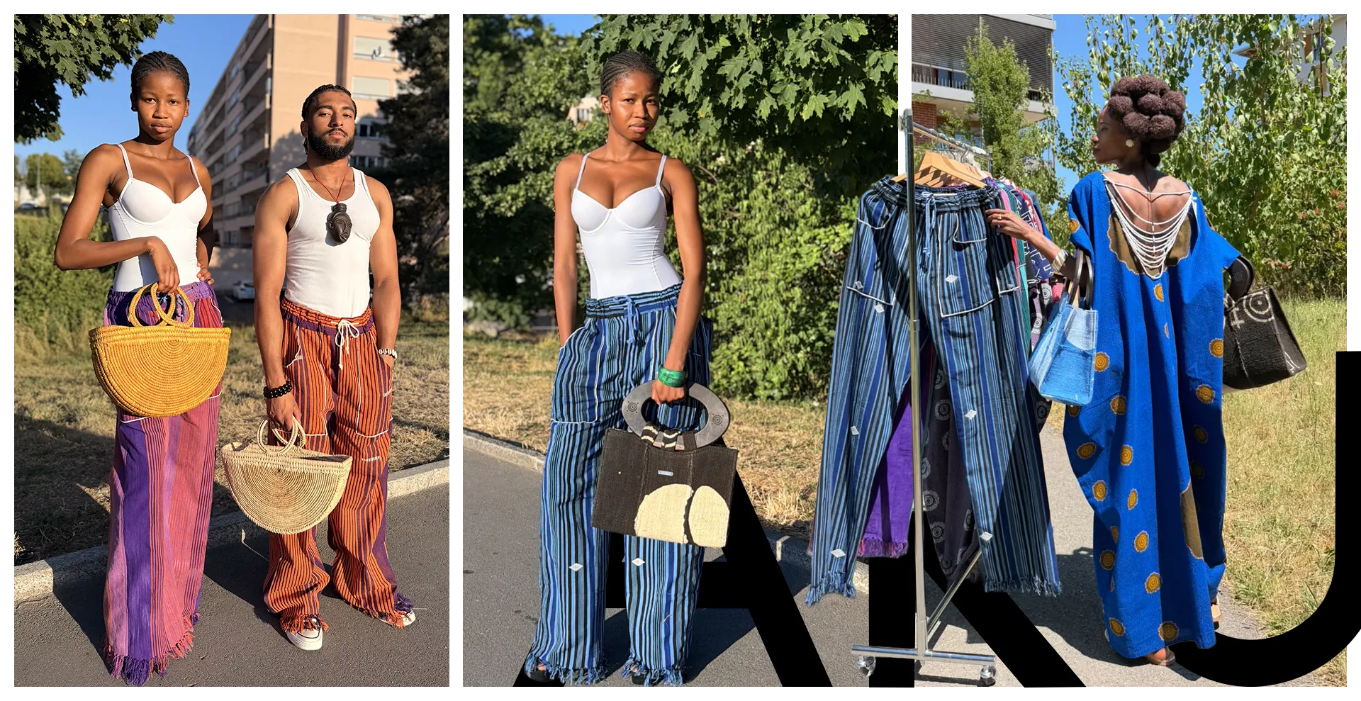 Mode africaine homme et femme : sacs en raphia et bogolan, boubou en wax et pantalons rayés