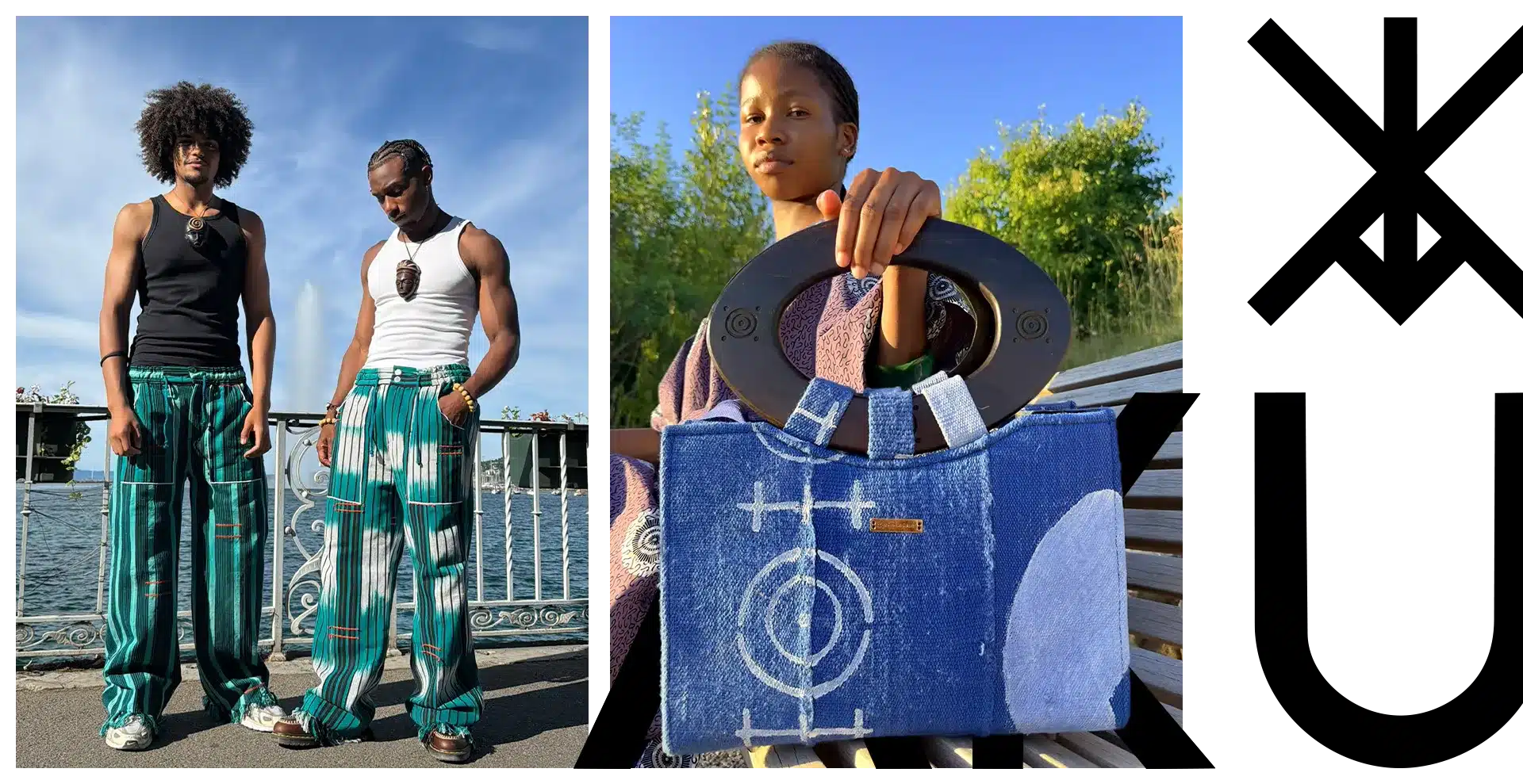 Mode afro d'été : pantalons rayés verts et sac en jean bogolan, homme et femme au bord du lac