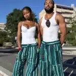 Pantalon Tô-Nô bleu rayé en coton tissé, unisexe