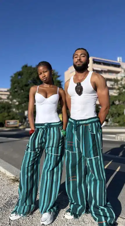 Pantalon Tô-Nô bleu rayé en coton tissé, unisexe