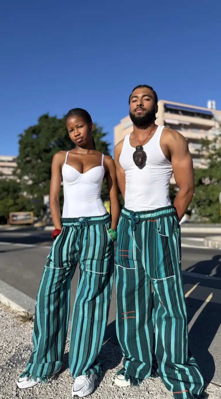 Pantalon Tô-Nô bleu rayé en coton tissé, unisexe