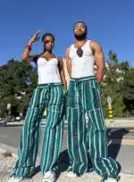 Pantalon Tô-Nô bleu rayé en coton tissé, unisexe