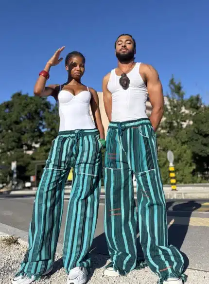 Pantalon Tô-Nô bleu rayé en coton tissé, unisexe