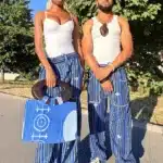 Pantalon Tô-Nô bleu rayé en coton tissé main, unisexe