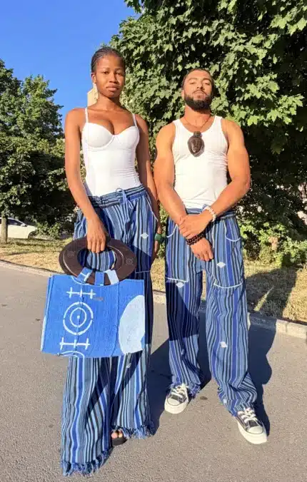 Pantalon Tô-Nô bleu rayé en coton tissé main, unisexe