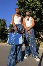 Pantalon Tô-Nô bleu rayé en coton tissé, unisexe