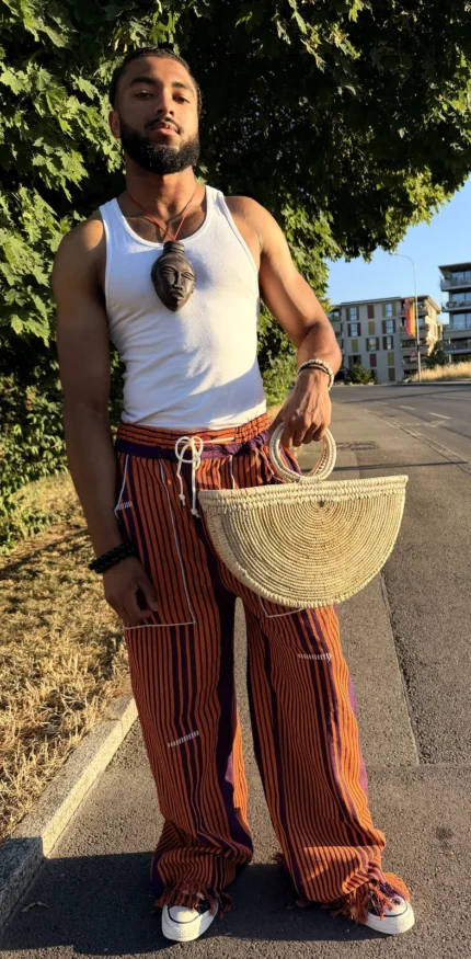 Pantalon Tô-Nô orange rayé, unisexe
