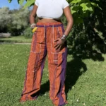 Pantalon Tô-Nô orange et violet rayé en coton tissé main du Burkina Faso, unisexe, vue 2