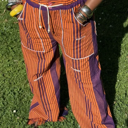 Pantalon Tô-Nô orange et violet rayé en coton tissé main du Burkina Faso, unisexe, vue 3