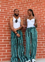 Pantalon Tô-Nô vert rayé, unisexe