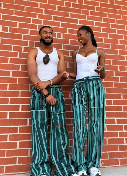 Pantalon Tô-Nô vert rayé, unisexe