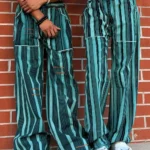 Pantalon Tô-Nô vert rayé en coton tissé main du Burkina Faso, unisexe