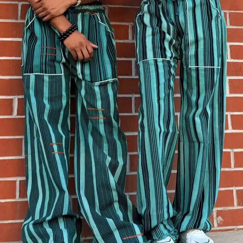 Pantalon Tô-Nô vert rayé en coton tissé main du Burkina Faso, unisexe