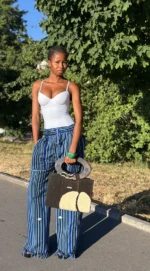 Sac Aabò cabas en bogolan noir et beige, anses en bois