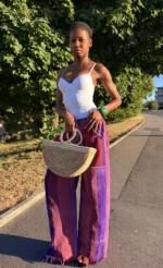Sac Touareg en raphia jaune, forme demi-lune, tissé main