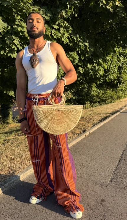 Sac Touareg en raphia naturel, forme demi-lune, tissé main