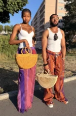 Sac Touareg en raphia naturel, forme demi-lune, tissé main