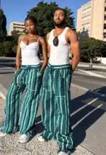Pantalon Tô-Nô bleu rayé en coton tissé main du Burkina Faso, unisexe, vue 25