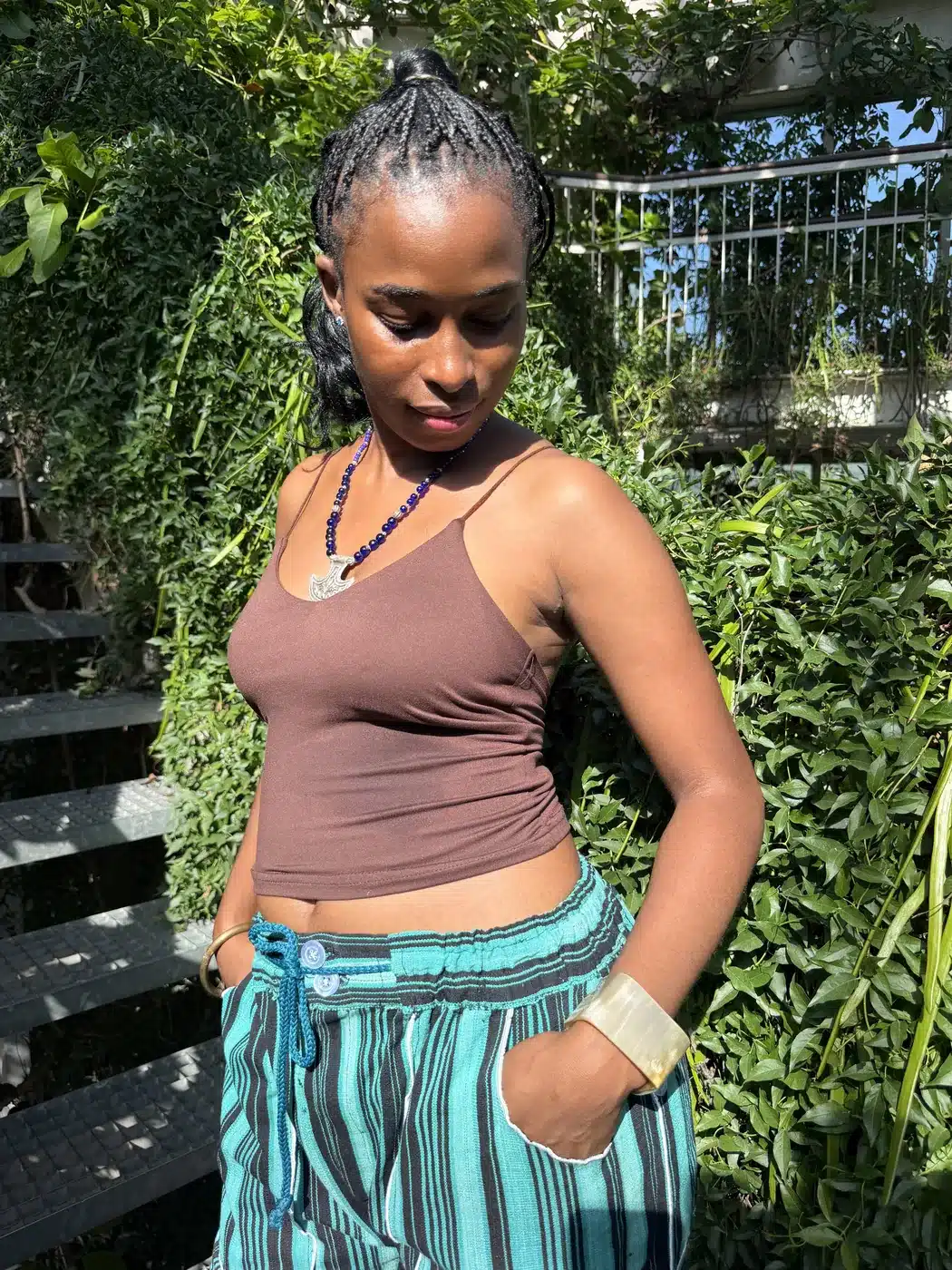 Pantalon Tô-Nô unisexe vert turquoise à rayures, coupe ample, vue 4
