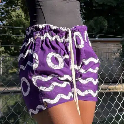 Short d'été unisexe en coton violet à motifs vagues et cercles blancs